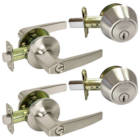 Exclusive 2 Pack Heavy Duty Keyed Entry Door Knobs Lock Set Satin Nickel Finish Entry Lever with Different Keys for Front/Exterior Doors Not Keyed Alike/Combo Keys