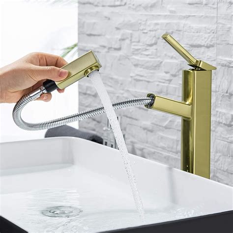 KAIYING Bathroom Pull Down Vessel Sink Faucet, Lavatory Single Hole Basin Sink Faucet with Pull Out Sprayer, Single Handle Utility Kitchen Mixer Tap with Rotating Spout (Tall, Chrome & White)