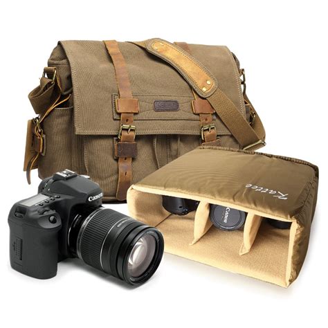Peacechaos Vintage Canvas Leather Trim DSLR SLR Shockproof Camera Shoulder Messenger Bag