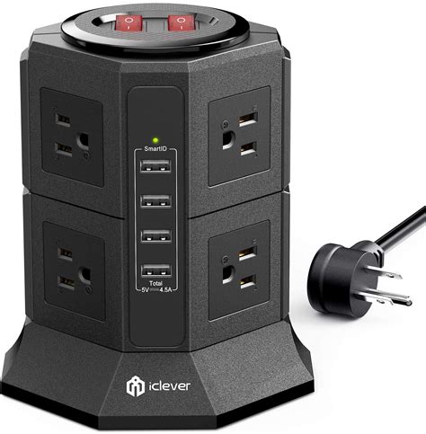 Power Strip Tower Gaming Surge Protector, iClever 8 AC Outlets 4.5A 4 USB Ports Desktop Charging Station with 10ft Extension Cord for PC Laptops iPhone Mobile Device Home Office Black